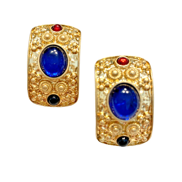 Vintage 1980’s Pierced Earrings Chunky Goldtone Faux Hoops Red Blue Cabechons - Picture 5 of 8
